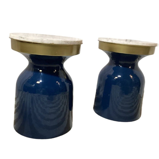 Set of 2 Blue metal side table with faux marble top - Local pickup