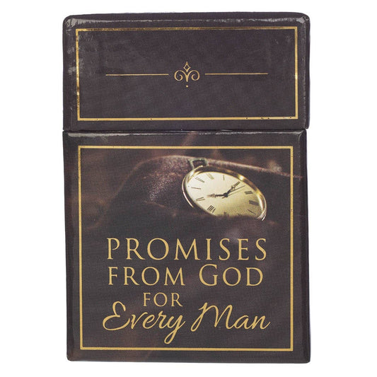 Box with 'Promises from God for Every Man' text and clock illustration on a white background