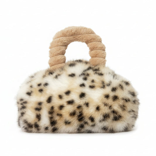 Leopard print handbag with beige handle on a white background