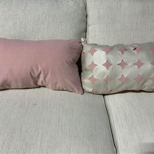 Pink corduroy pillows with leather like cut out detailing - set of two