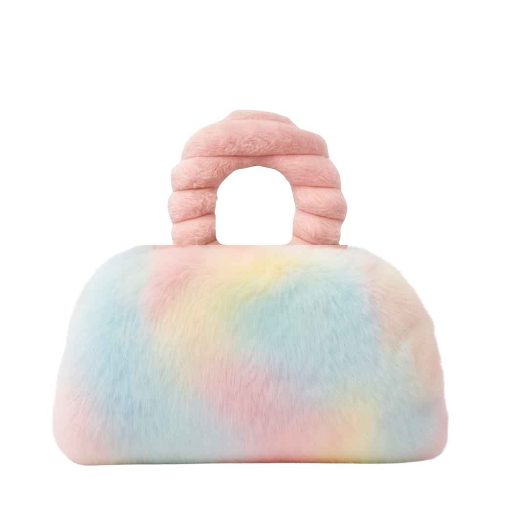 faux fur handbag, pillow, throw called pur-low in rainbow