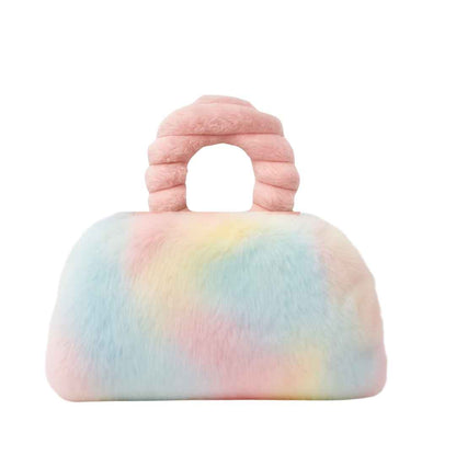 faux fur handbag, pillow, throw called pur-low in rainbow