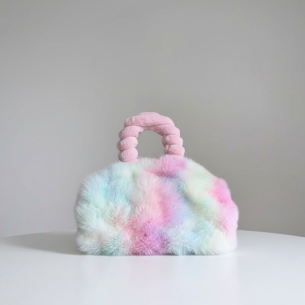 Multicolored fluffy handbag with a handle on a white background