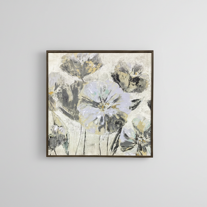 Framed artwork with abstract floral design in gray, white, and beige tones.