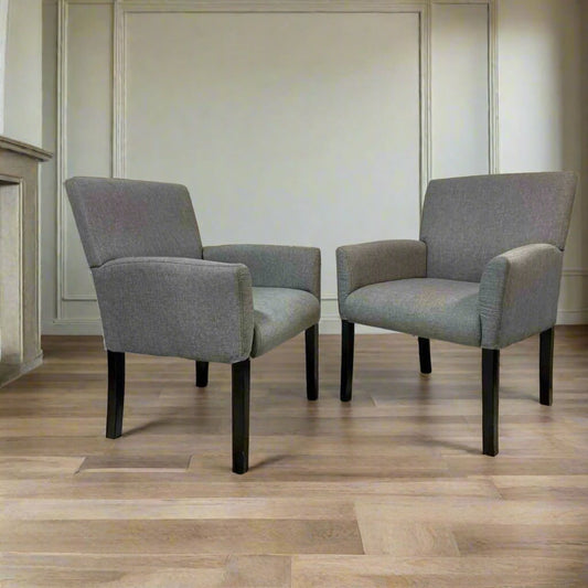 gray linen chairs with dark wood legs