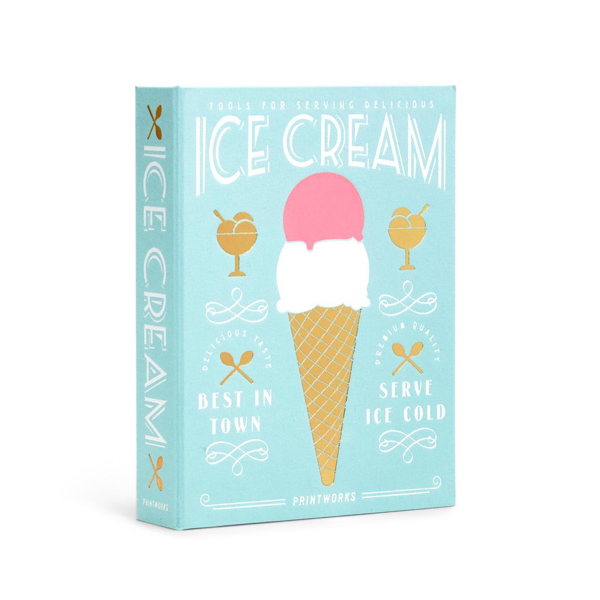 Ice cream-themed product packaging with a pink and white ice cream cone on a light blue background.