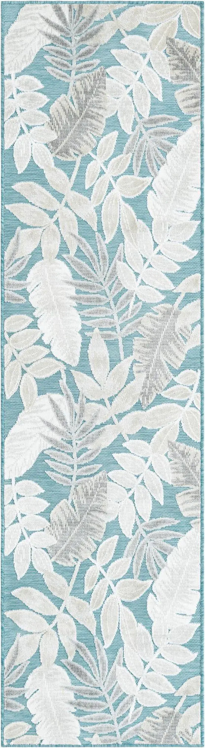 Light Blue 2' 2 x 8' Outdoor Botanical Runner Rug