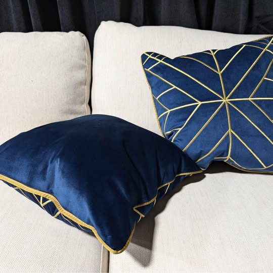 Royal Blue Velvet & Gold Geometric Embroidered Pillows (Set of 2)