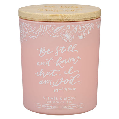 Glass Candle W/Bamboo Lid Pink Be Still Ps. 46:10