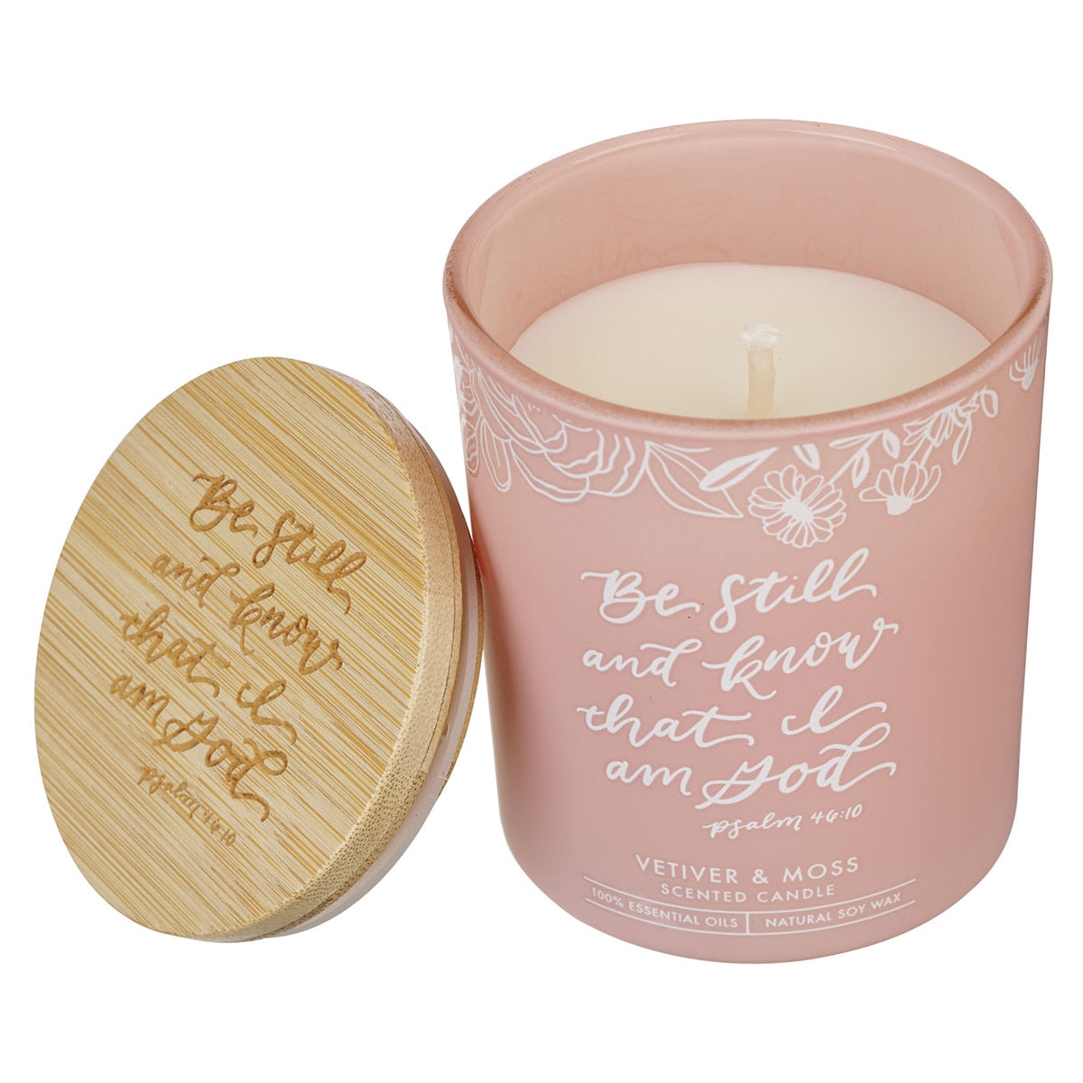 Glass Candle W/Bamboo Lid Pink Be Still Ps. 46:10