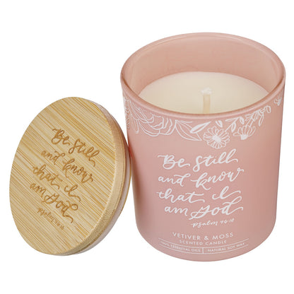 Glass Candle W/Bamboo Lid Pink Be Still Ps. 46:10