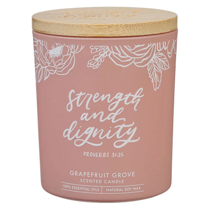 Glass Candle W/Bamboo Lid Pink Strength & Dignity Prov 31:25