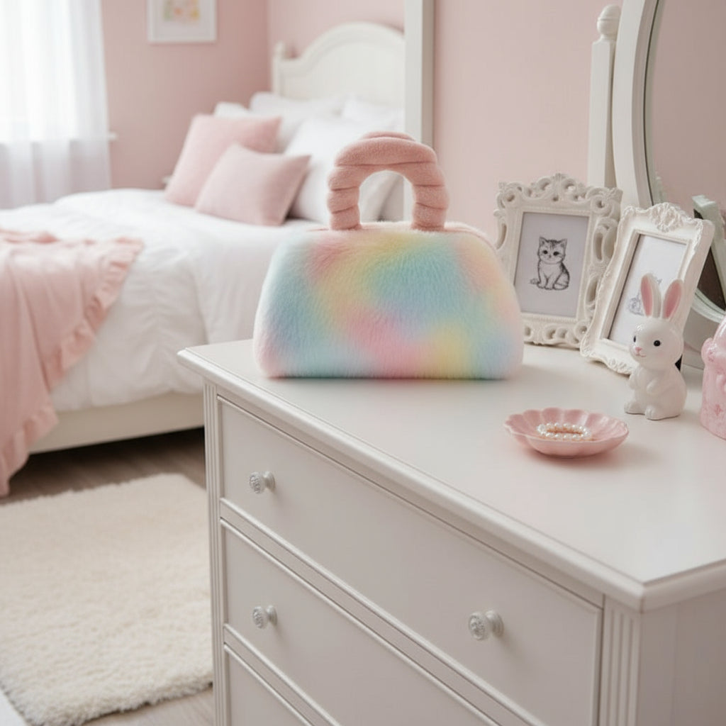 Pastel rainbow handbag with a pink handle on a white background