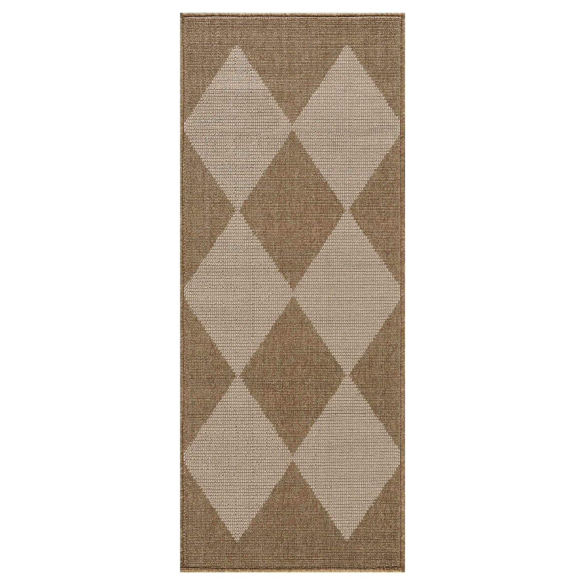 A rectangular woven rug with a diamond argyle pattern in shades of brown and beige, shown flat against a white background.