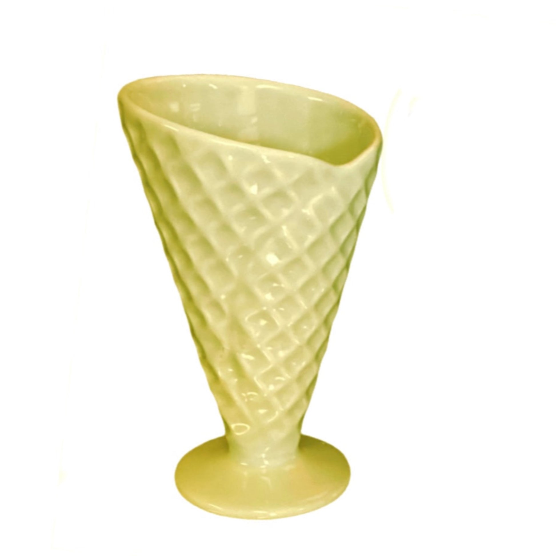 Yellow textured waffle cone on a white background