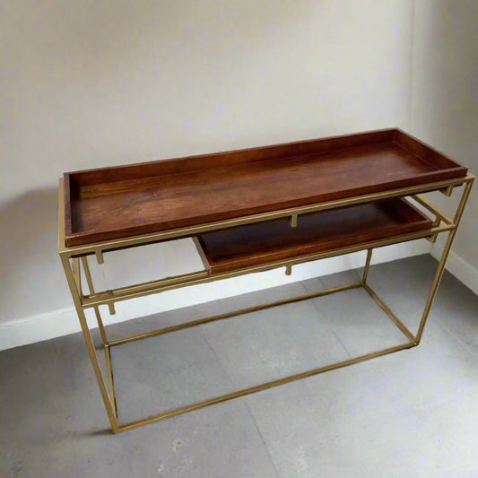 wood and gold metal entryway table