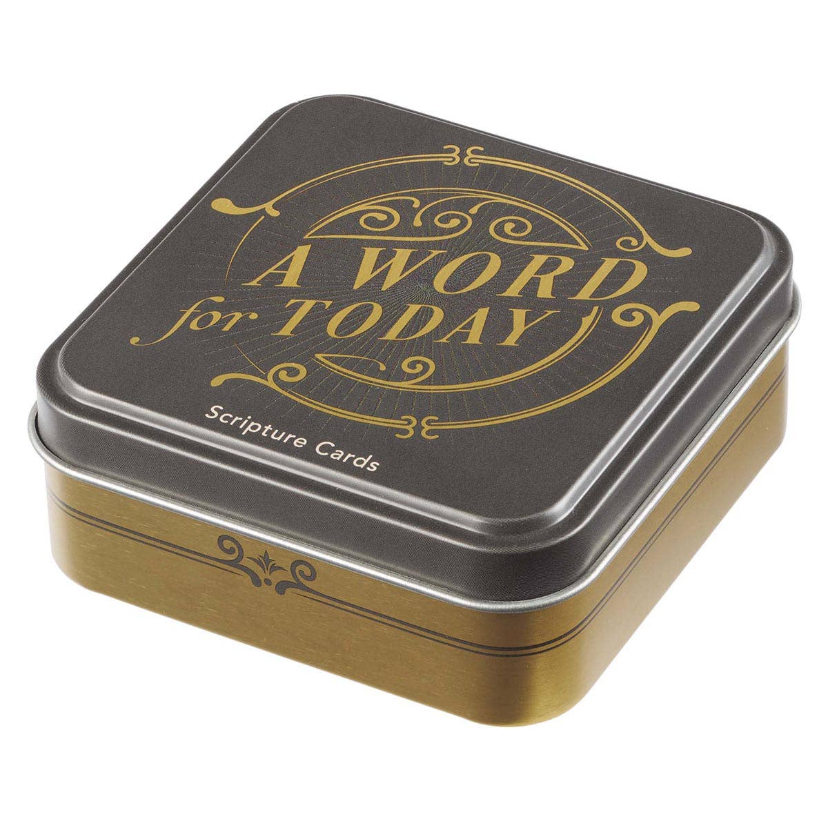 Tin box with 'A Word for Today' and 'Scripture Cards' text on a white background