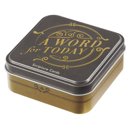 Tin box with 'A Word for Today' and 'Scripture Cards' text on a white background