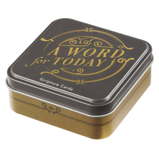 Tin box with 'A Word for Today' and 'Scripture Cards' text on a white background